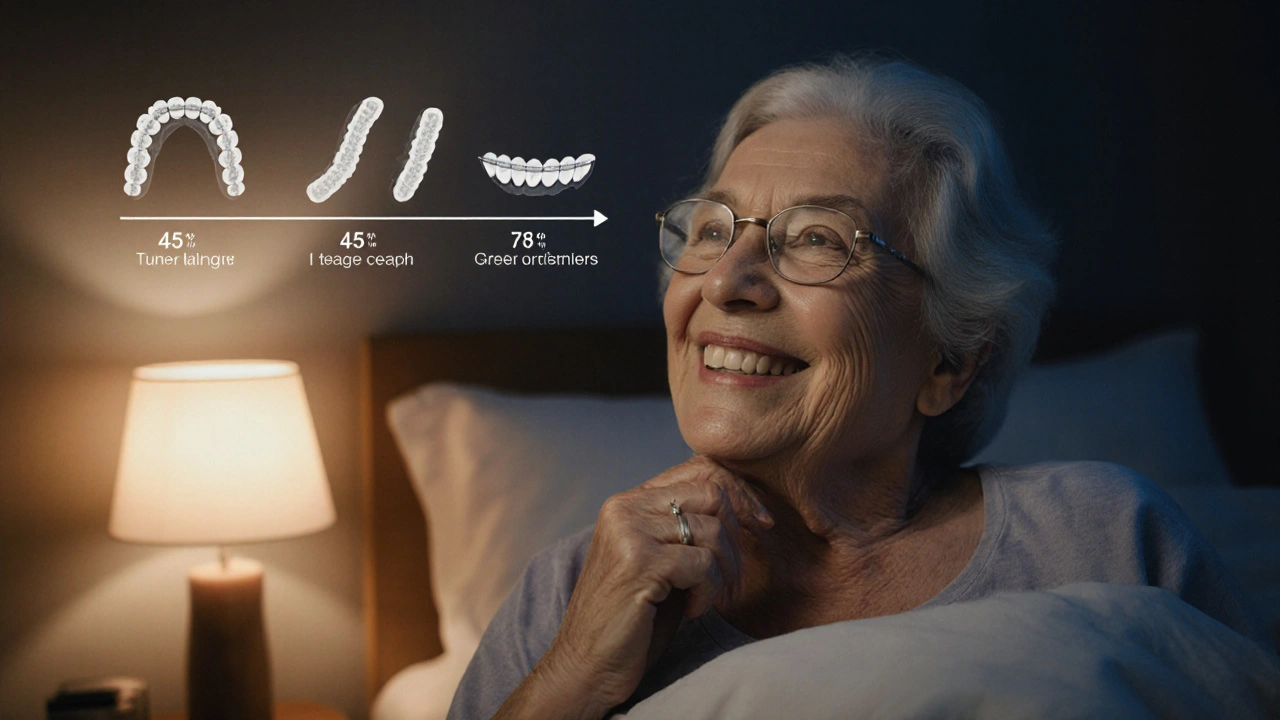 Stará žena v noci nosí retenci, v pozadí časová osa její ortodontické léčby.