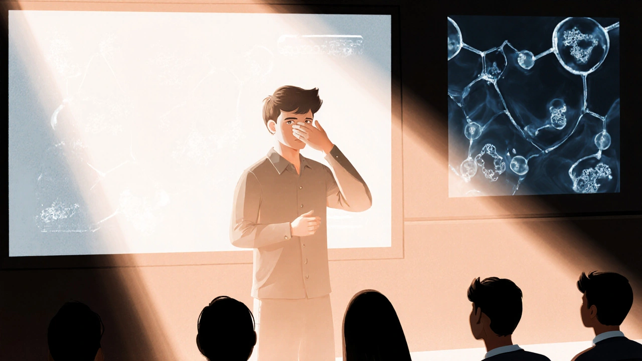 Student při přednášce si rukou zakrývá ústa z nejistoty.