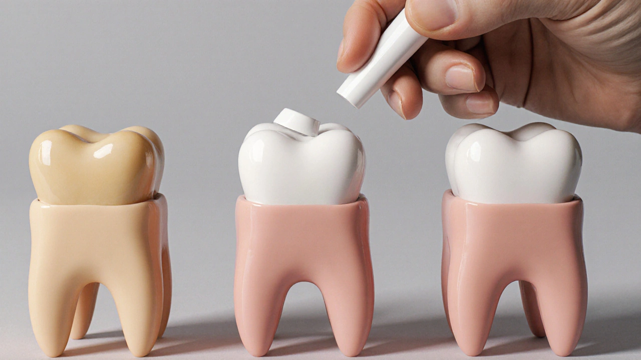 Tři možnosti léčby tetracyklinových zubů: původní barva, veneer a kompozit.