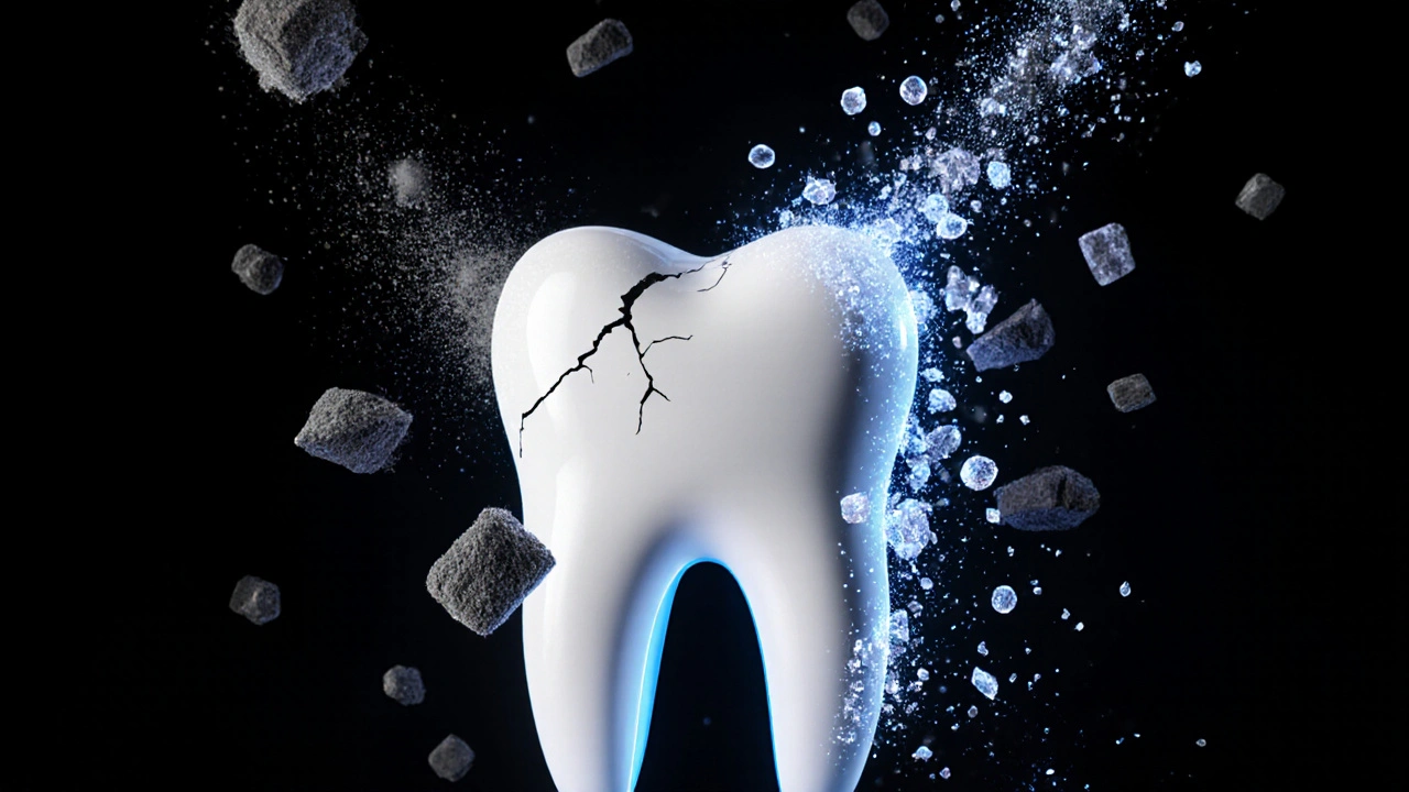Zub s poškozeným emailem, kolem něj nebezpečné částice a léčivé krystaly světla, symbolizující ochranu zubů.