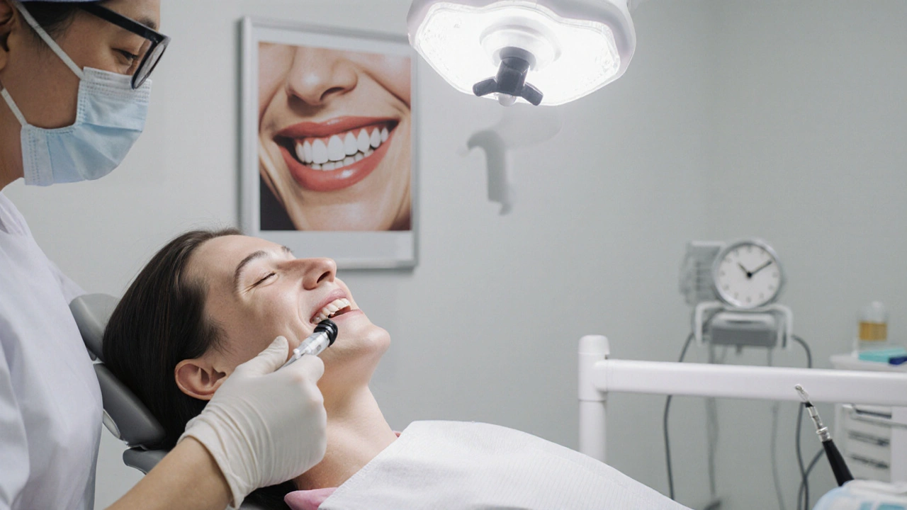 Zubař odstraňuje černý zubní kámen pomocí ultrazvuku.