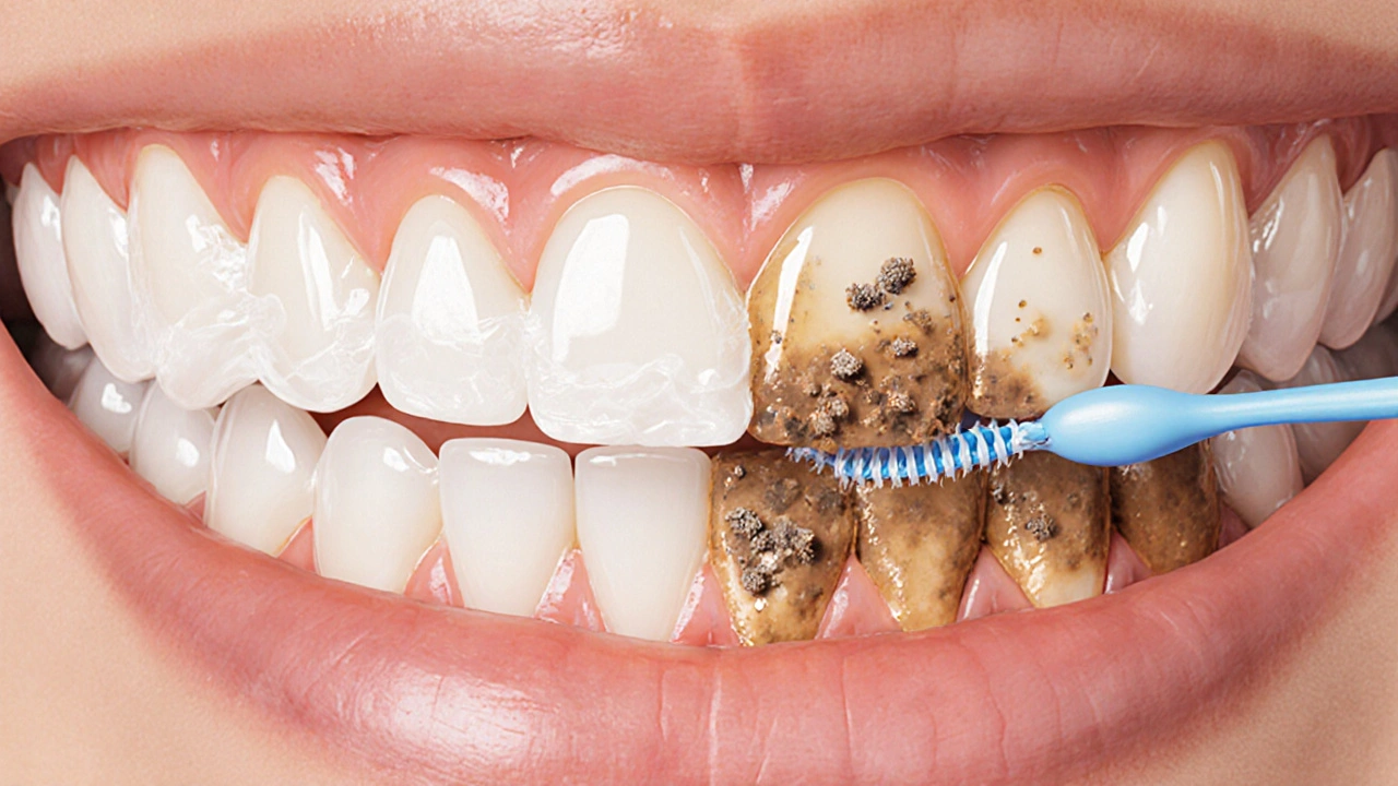 Zubní plak se mění v zubní kámen podél dásní s viditelnými bakteriemi.