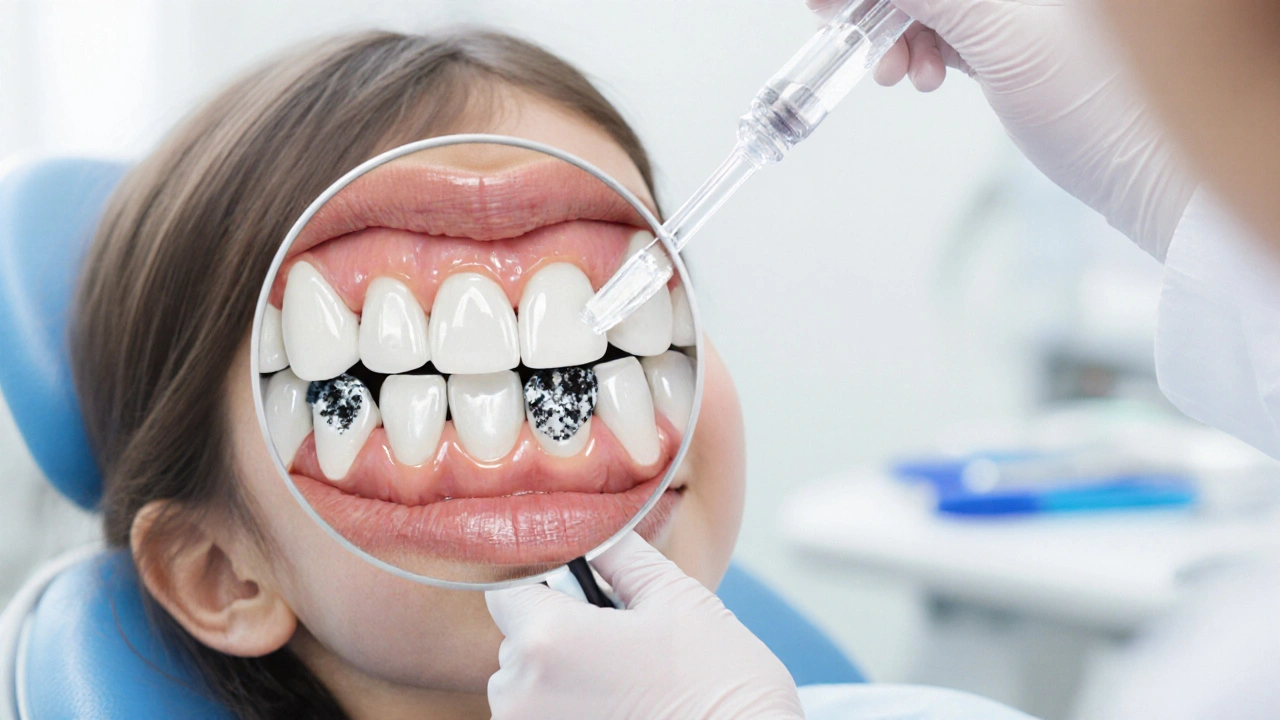 Zvětšený pohled na zub s bílou skvrnou kázy, která je léčena stříbrnou kapalinou SDF.