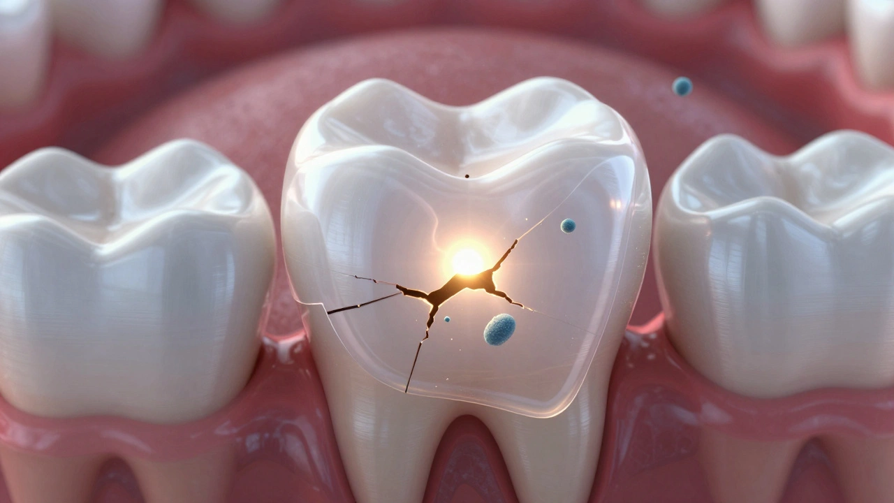 Artistic depiction of composite filling as a protective barrier inside a tooth.