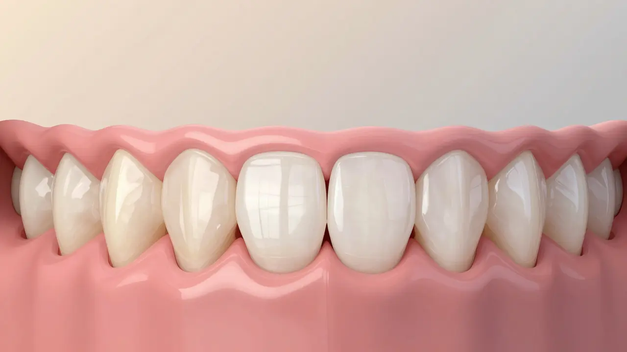 Before and after comparison of teeth with stained, uneven teeth transformed into bright, natural-looking composite veneers.