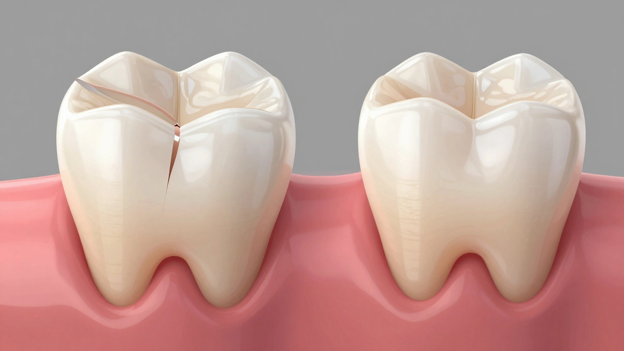Before and after view of a chipped front tooth restored with composite filling.