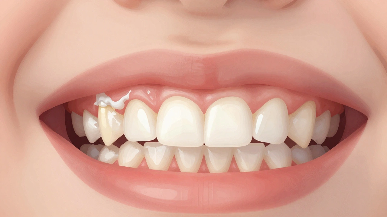 Blízký pohled na zuby dítěte s prvními známkami zubního kamene u dásní.