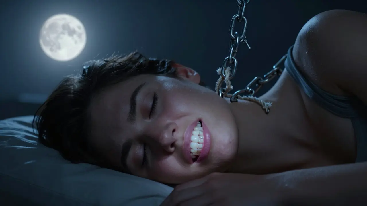 Člověk spí klidně, s transparentním znázorněním správně zarovnaných zubů.