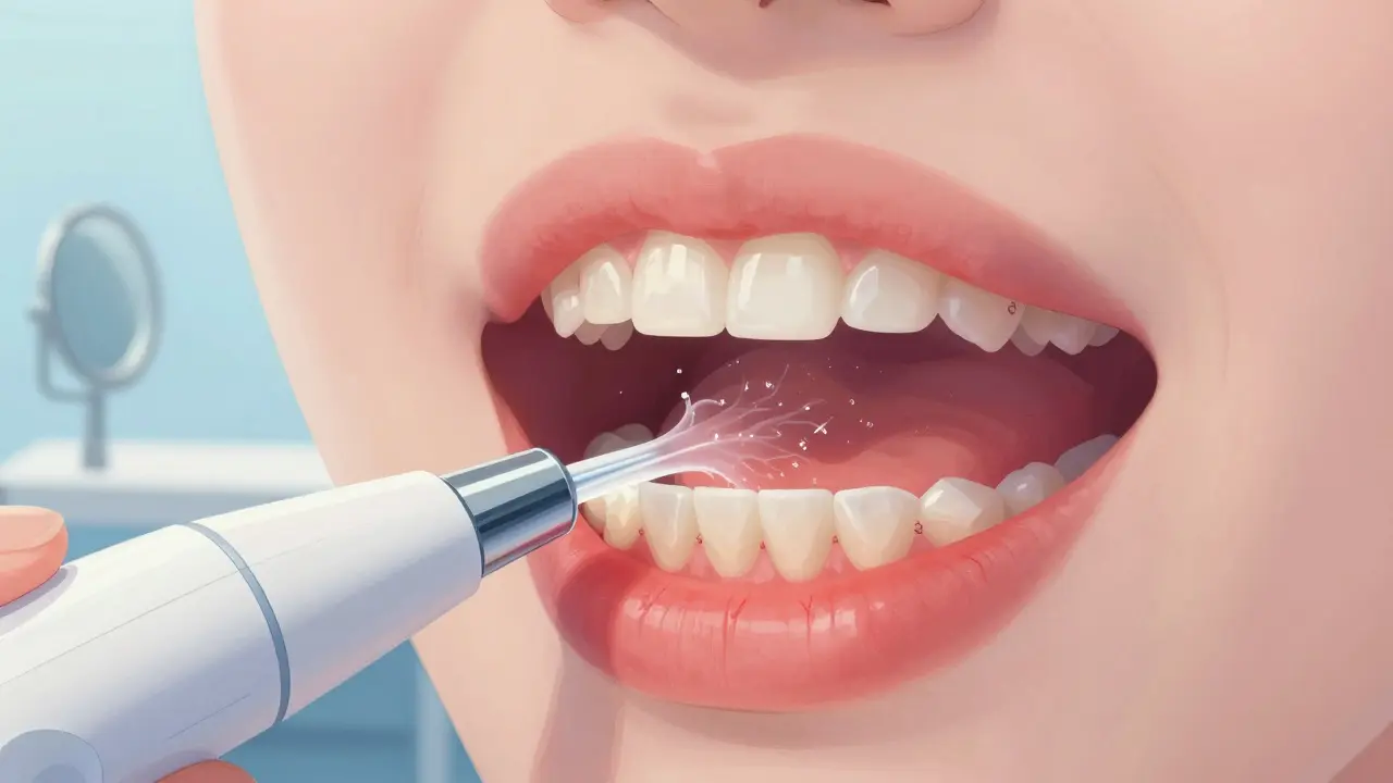 Detailní ilustrace ústního ústrojí s proudem vody čistícím implantáty a ortodontické přístroje.