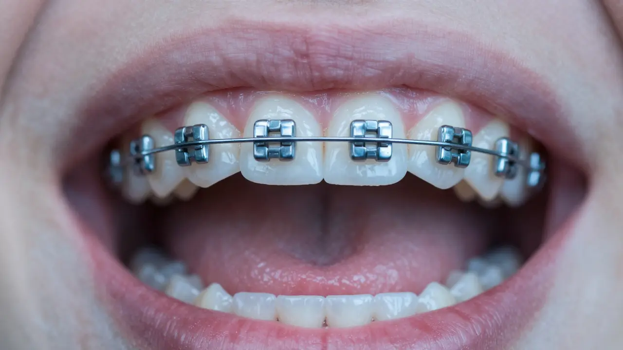 Detailní pohled na lingvální rovnátka přilepená na vnitřní straně předních zubů.