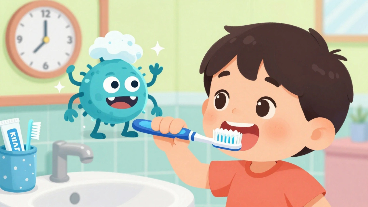 Dítě čistí zuby s oblíbeným hrdinou, zatímco se bakterie odstraňují jako černé postavy.