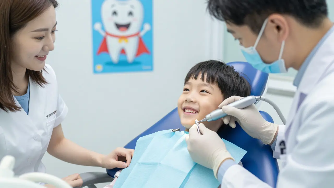 Dítě u zubního lékaře, který odstraňuje zubní kámen ultrazvukem.