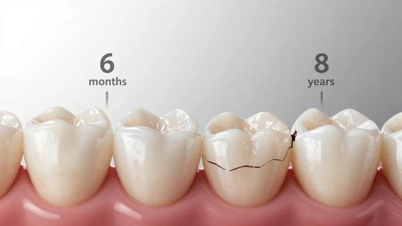 Dvě strany kompozitní plomby: jedna čerstvá a lesklá, druhá opotřebovaná a zbarvená.