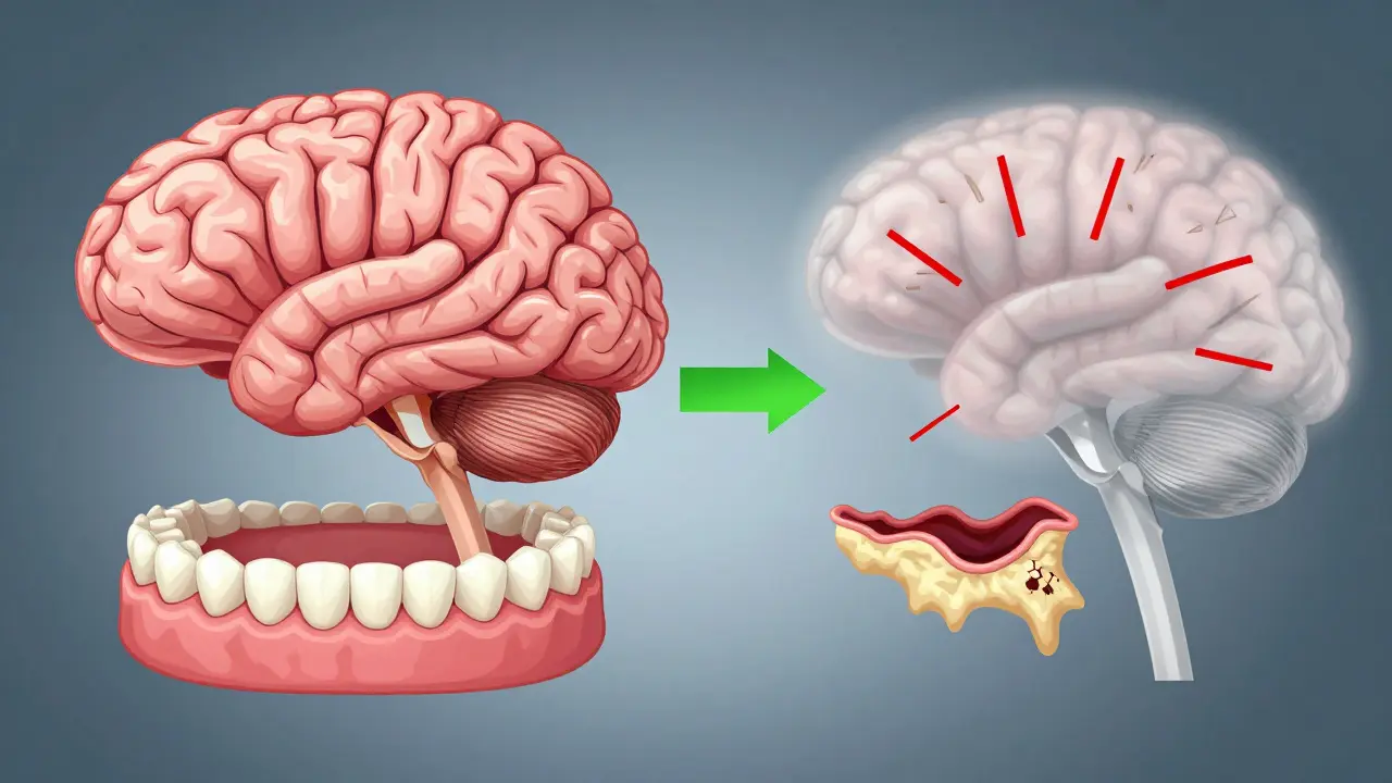 Dvě strany: zdravé ústa a jasný mozek napravo, znečištěné ústa a zmatený mozek vlevo.