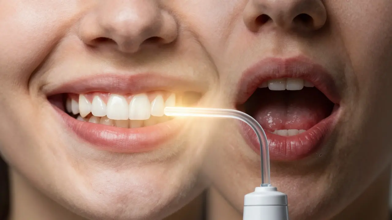 Dvoustranný obraz zdravého a zánětlivého ústního ústrojí spojený proudem vody z ústní sprchy.