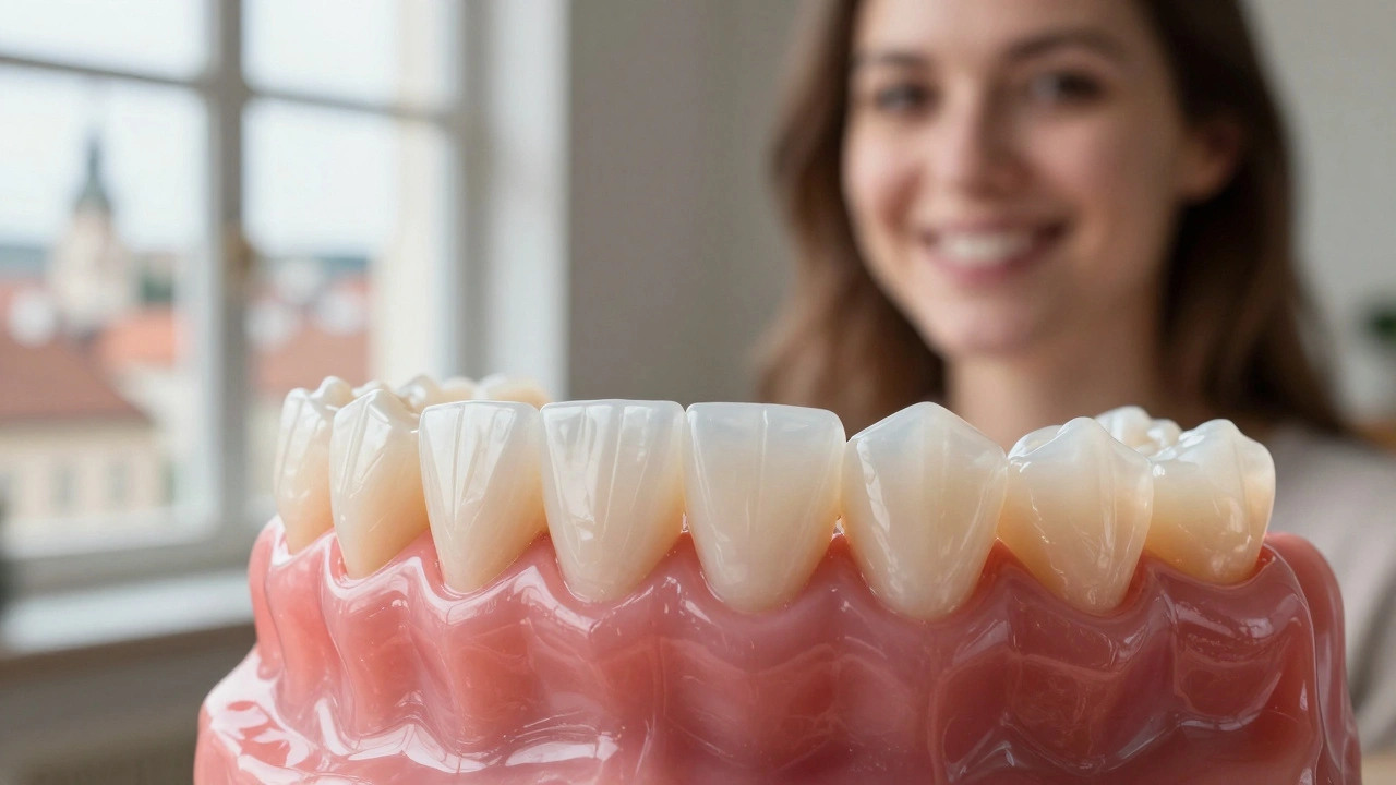 Flexibilní zubní protéza s přirozeně přecházejícími dásněmi, neviditelná při úsměvu.