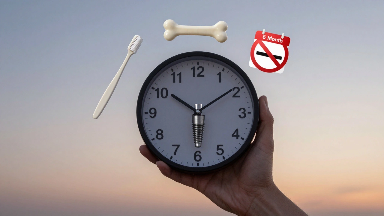 Hodiny s implantátem jako ciferníkem, obklopené symboly péče o zuby a zdravým životním stylem.