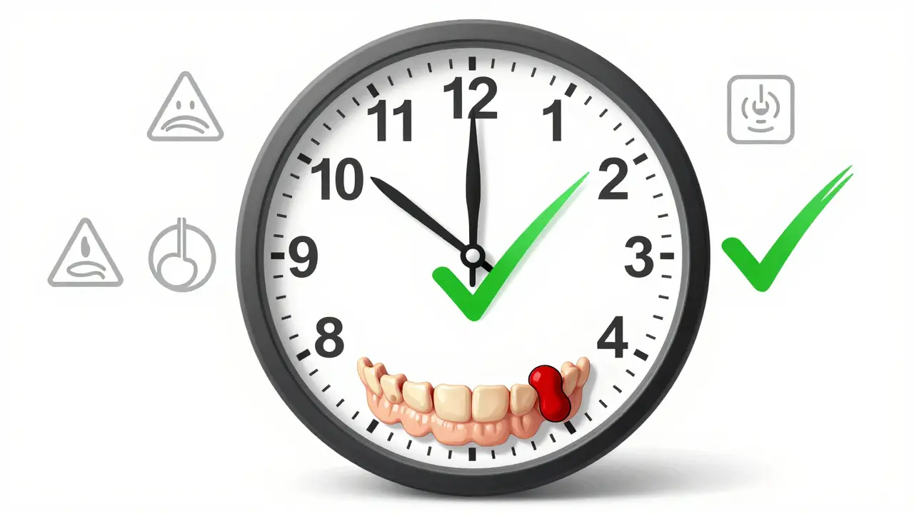 Hodiny ukazují hojení od 1 do 7 dní s varovnými znameními a zelenou kontrolkou.