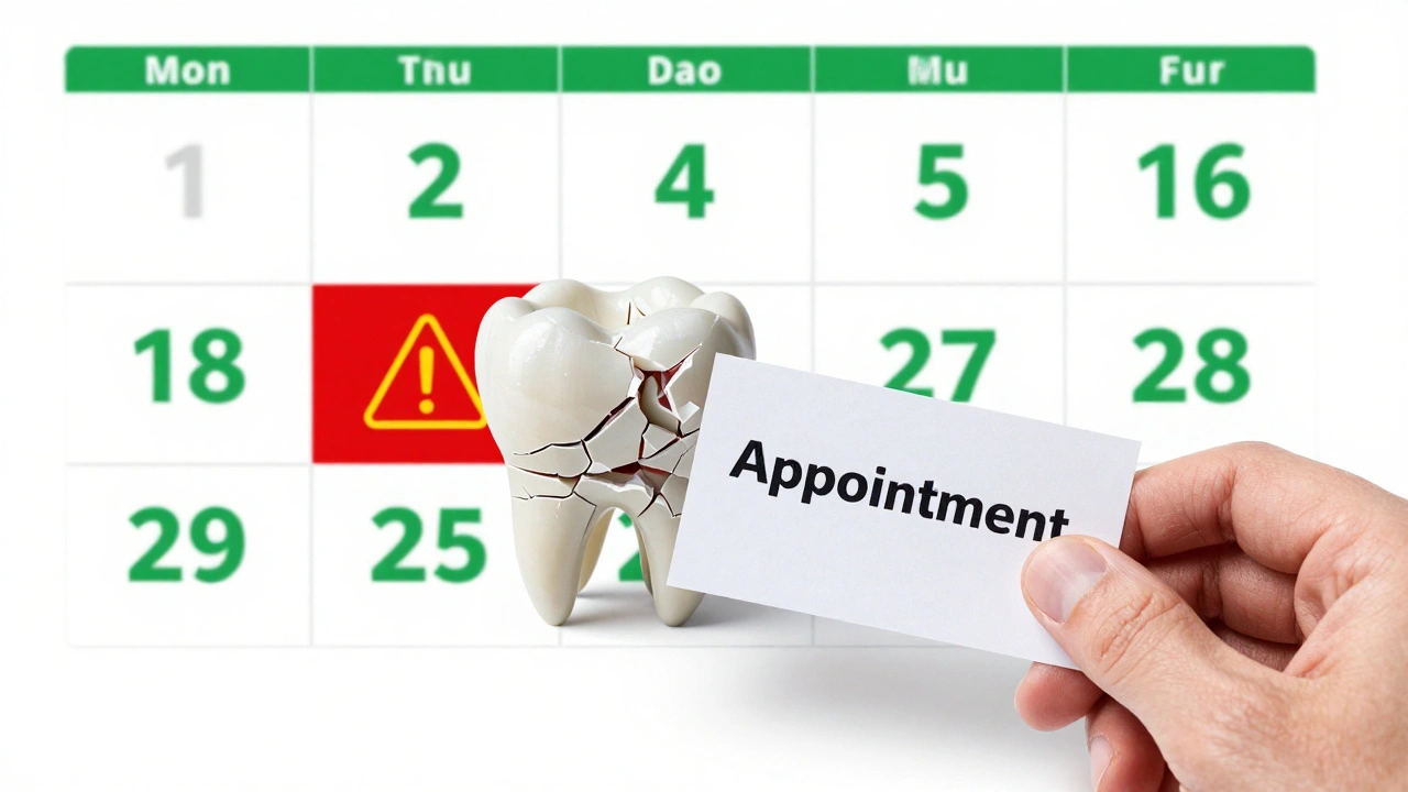 Kalendář s označenými termíny návštěv a křehké zuby symbolizující následky zanedbávání.