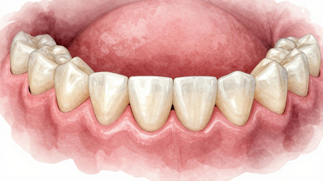 Keramická náhrada zubu připevněná na sousední zub bez kovových prvků.