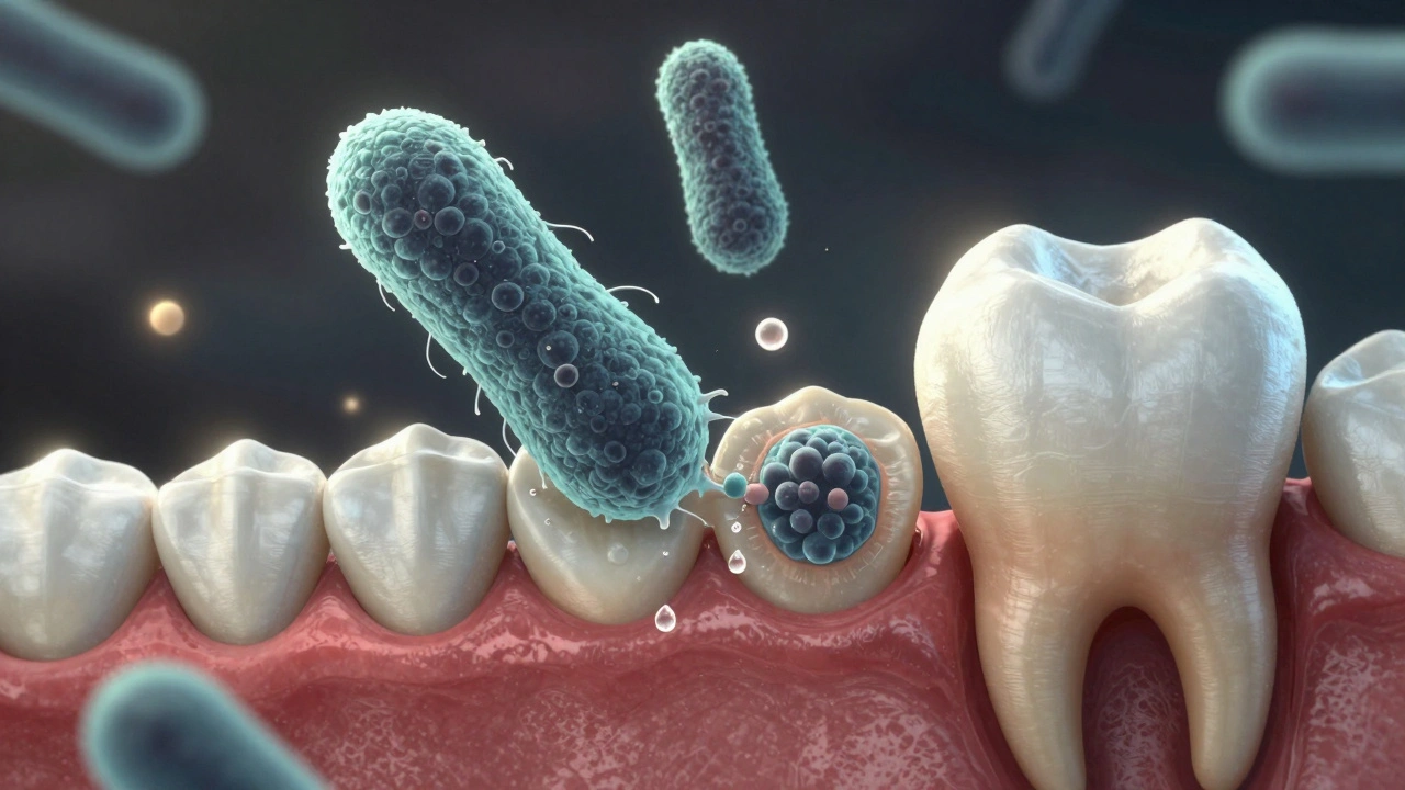 Mikroskopický pohled na bakterie a kyselinu ničící sklovinku zubu.