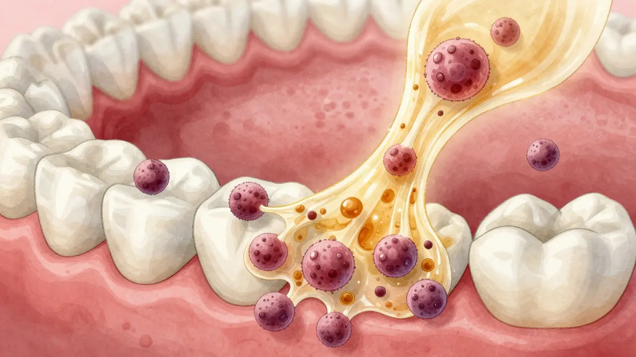 Mikroskopický pohled na bakterie v zubním plaku odstraňované kokosovým olejem.