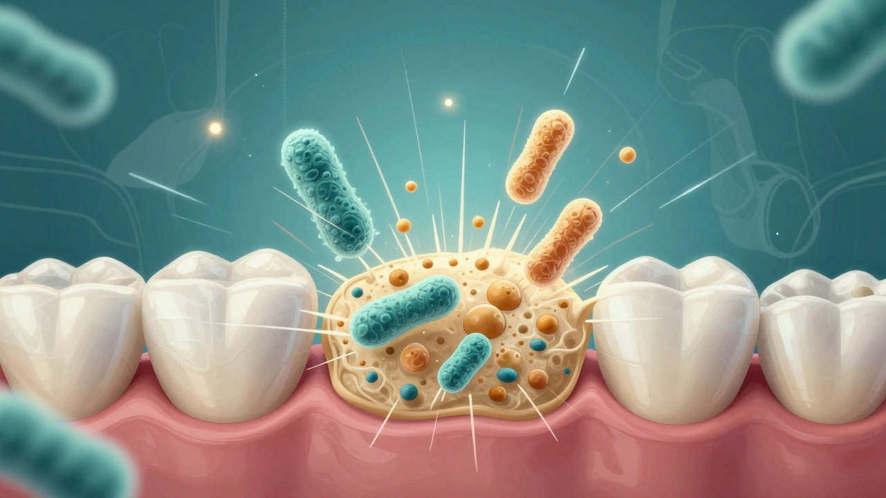 Mikroskopický pohled na plak a bakterie rozpadající se pod vlivem ultrazvukových vln kolem zubů.