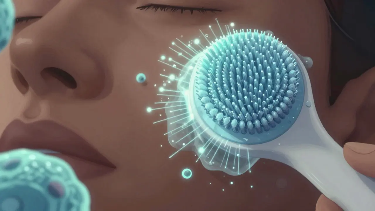 Mikroskopický pohled na pohyby sonického kartáčku při čištění pórů.