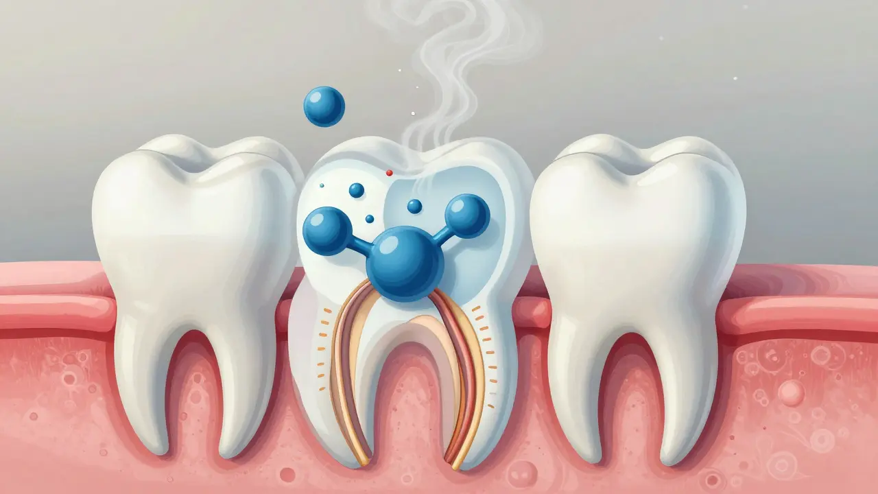 Mikroskopický řez zubem s pronikajícími molekulami peroxidu vodíku a otevírajícími se dentinálními kanálky.