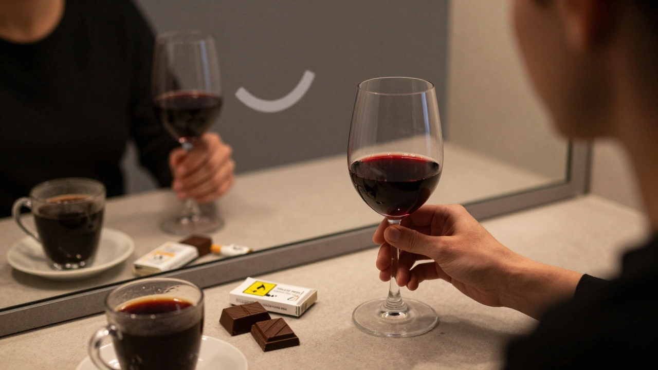 Osoba drží červené víno a dívá se do zrcadla, kolem ní jsou potraviny, které mohou způsobit skvrny.