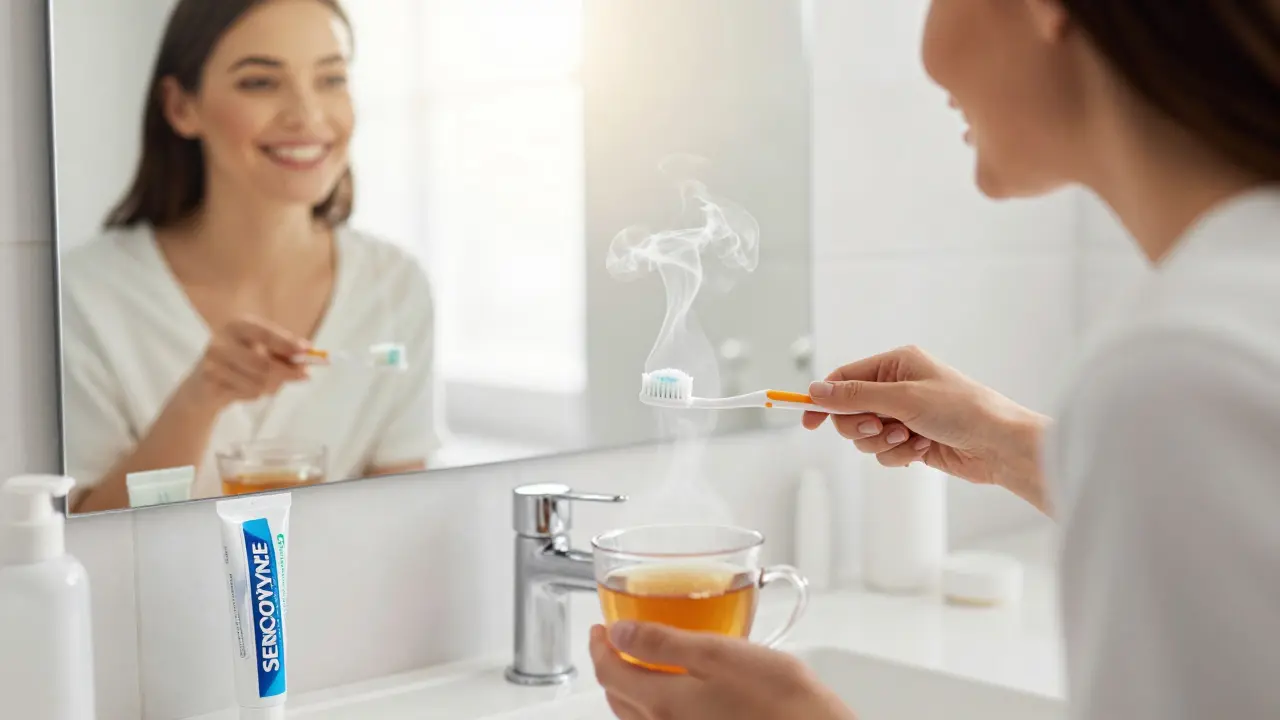 Osoba se směje do zrcadla po bělení zubů, drží zubní kartáček a teplou kávu na pozadí.