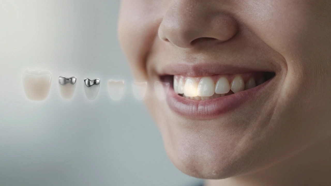 Osoba se směje s přirozeně vypadající kompozitní výplní, zatímco staré stříbrné plomby mizí.