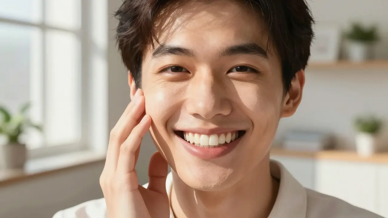 Pacient se usmívá s přirozeně vypadajícími zuby, které mají kompozitní restorace.