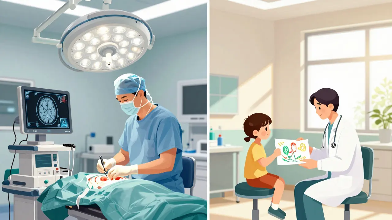 Porovnání neurochirurga v operačním sále a pediatra v klinice, znázorňující rozdíl v příjmech.