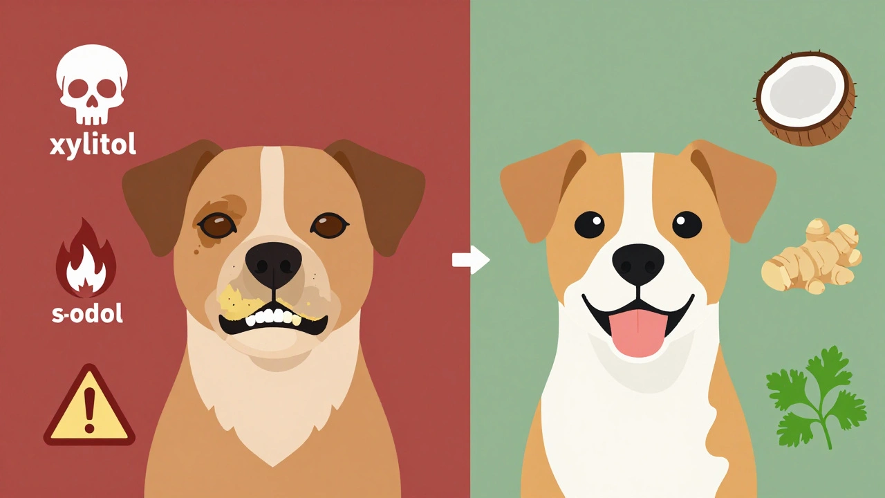 Porovnání psa s zubním kamenem a psa se zdravými zuby – prevence proti nebezpečným látkám.