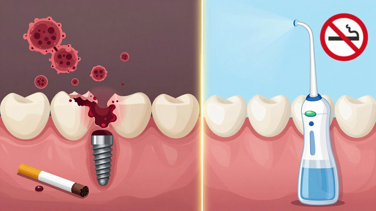 Porovnání zdravého a nemocného implantátu: jedna strana s zánětem a cigaretou, druhá s čištěním a čistými dásněmi.