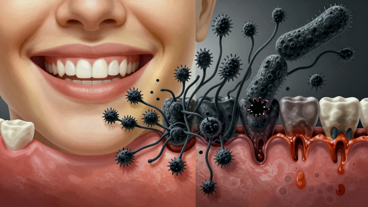 Porovnání zdravého úsměvu a zubního kamene s příznaky poškození dásní a kosti.