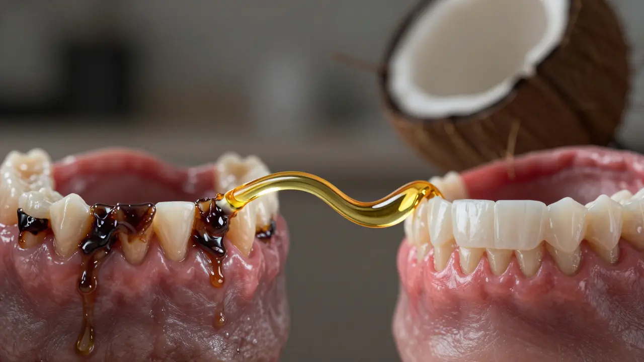 Porovnání zubního plaku a zdravých zubů před a po pránajámě.