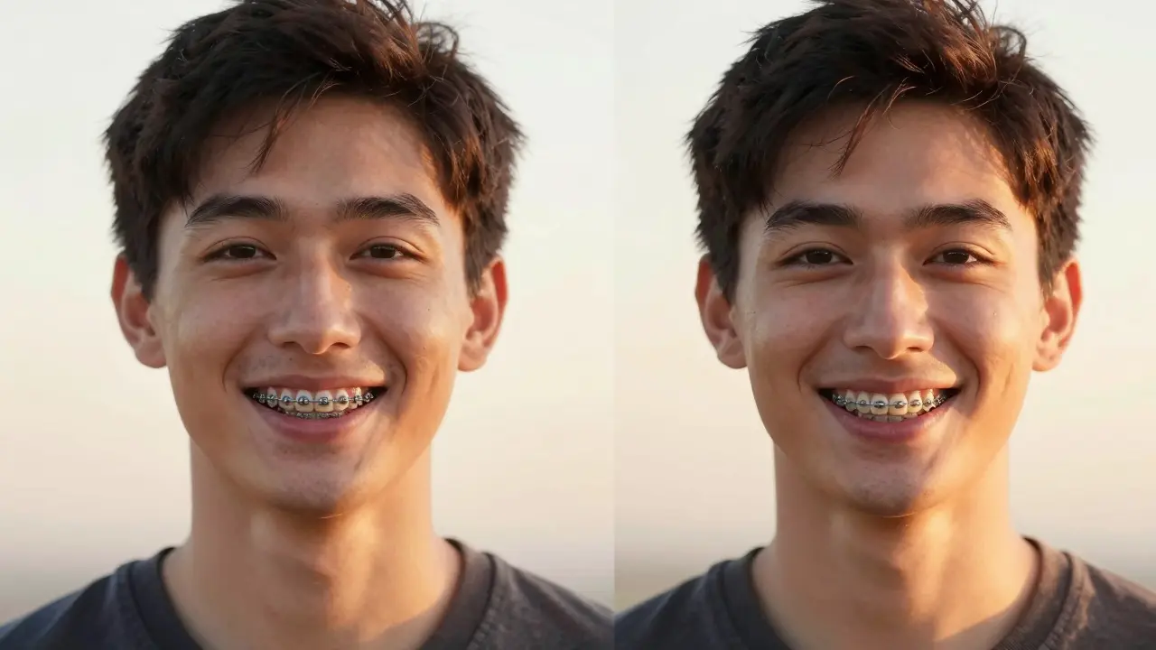 Před a po transformaci úsměvu: od kovových k neviditelným rovnátkům.