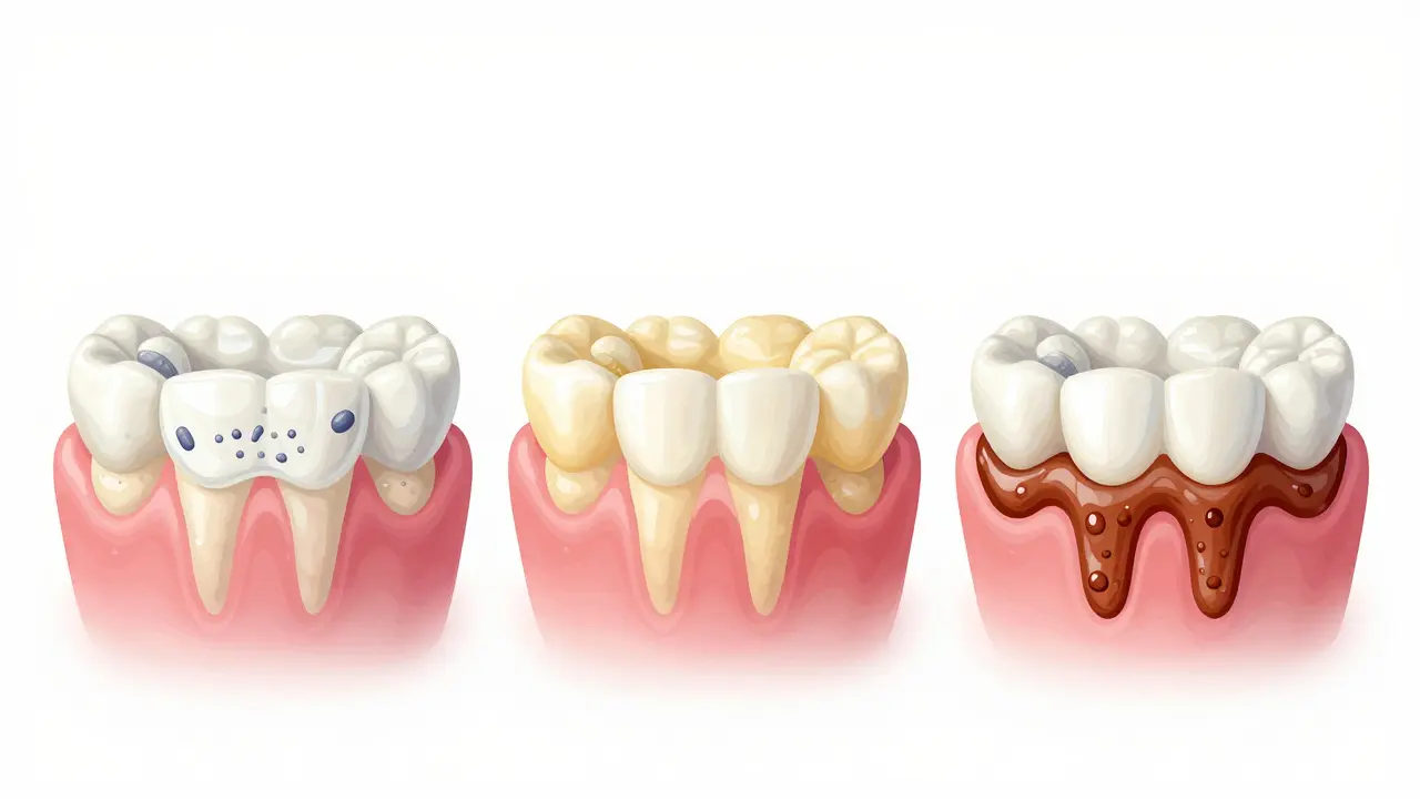 Přeměna zubního plaku na zubní kámen během tří dnů.