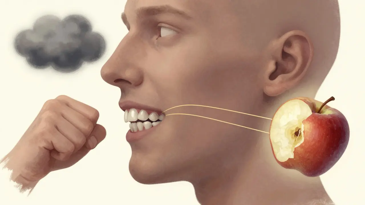 Profiling hlavy s viditelnými zuby a symbolickými překážkami dýchání a kousání.