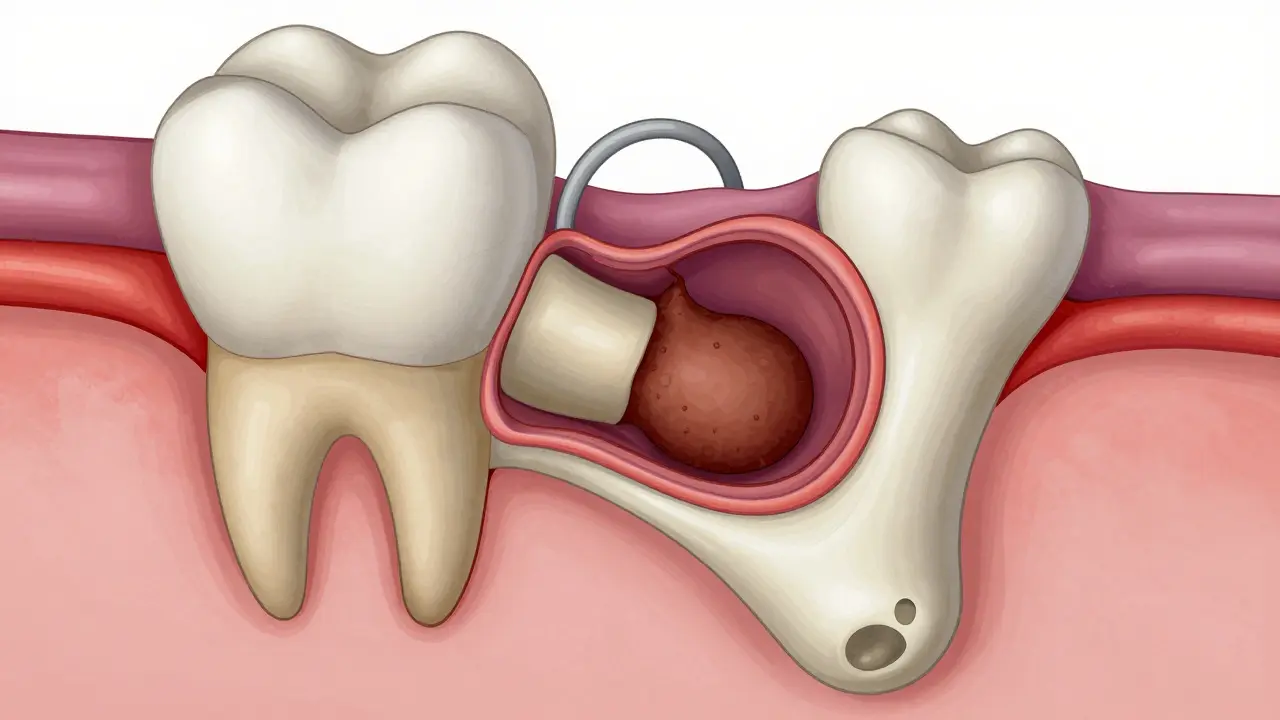 Průřez čelistí s hojící se dírou po zubu a krevní sraženinou, bez nervů.