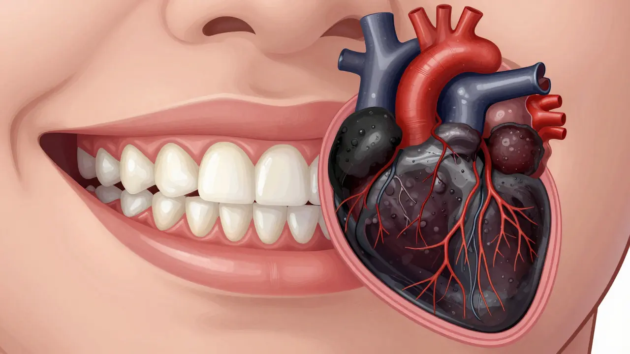 Průřez ústní dutiny: zdravé zuby vlevo, černý kámen a zánět dásní vpravo s bakteriemi šířícími se do cév.