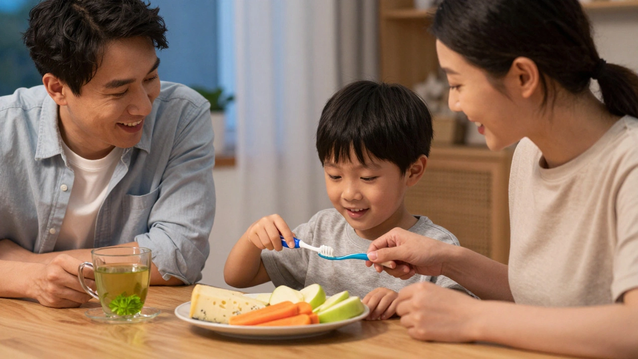 Rodina jí zdravé svačiny: sýr, mrkev, jablko a zelený čaj.