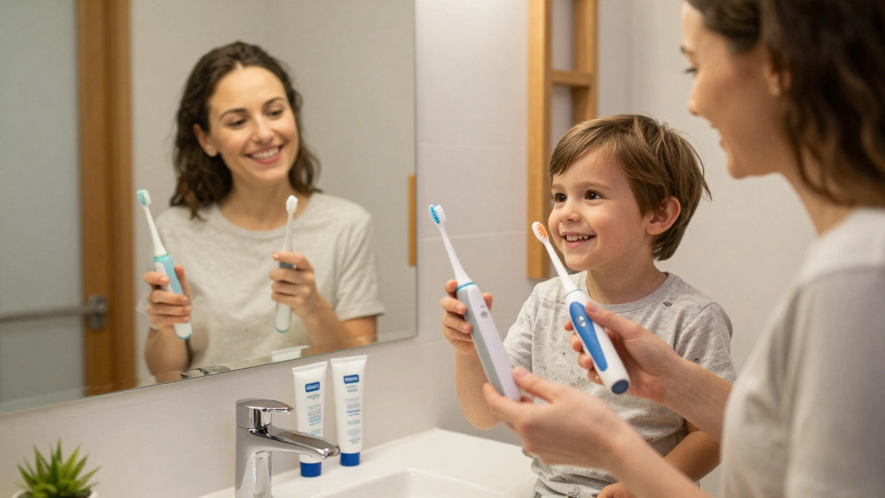 Rodina společně čistí zuby ultrazvukovými čističi v koupelně, všechny se usmívají do zrcadla.