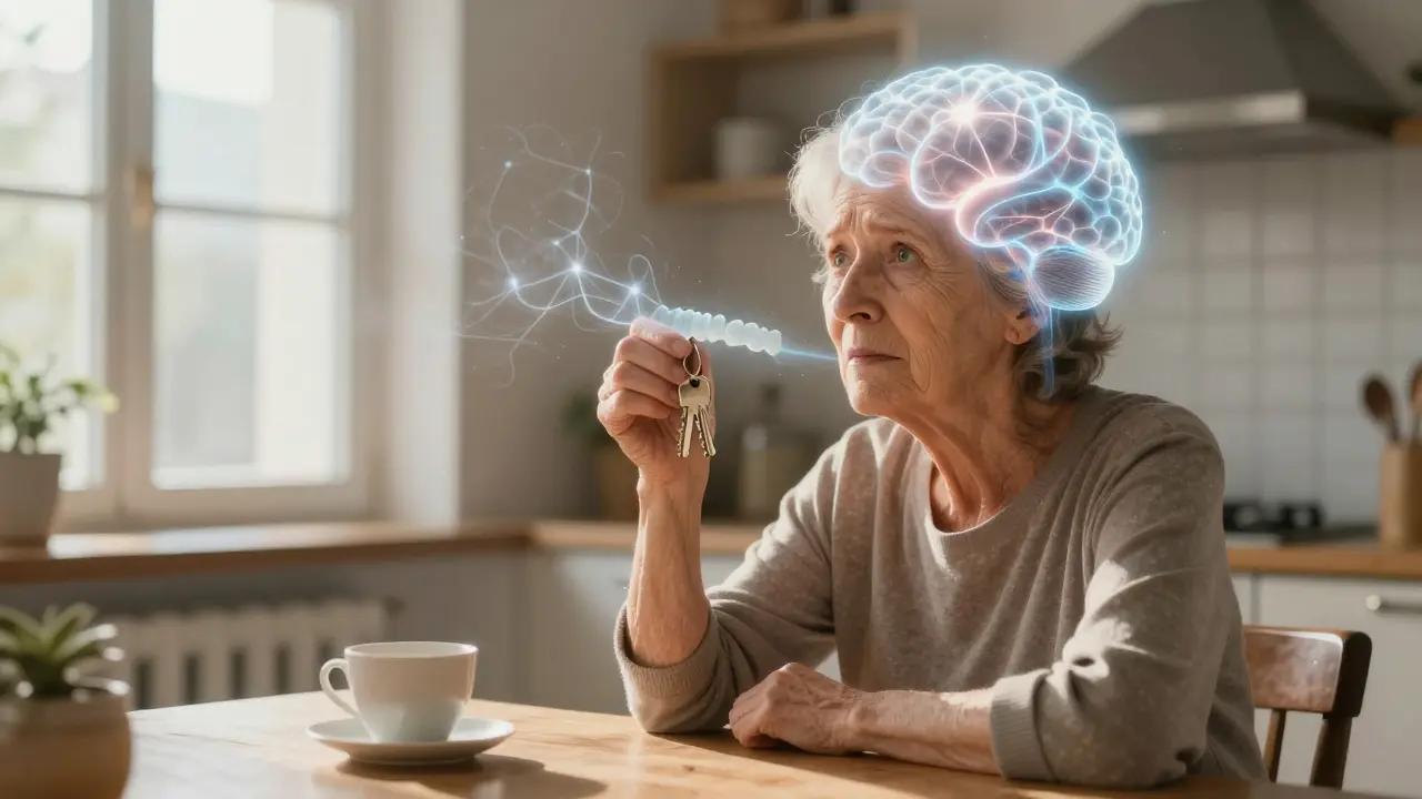 Stará žena v kuchyni hledá klíče, zatímco zubní plak na jejích zubech mizí a obnovuje její myšlení.