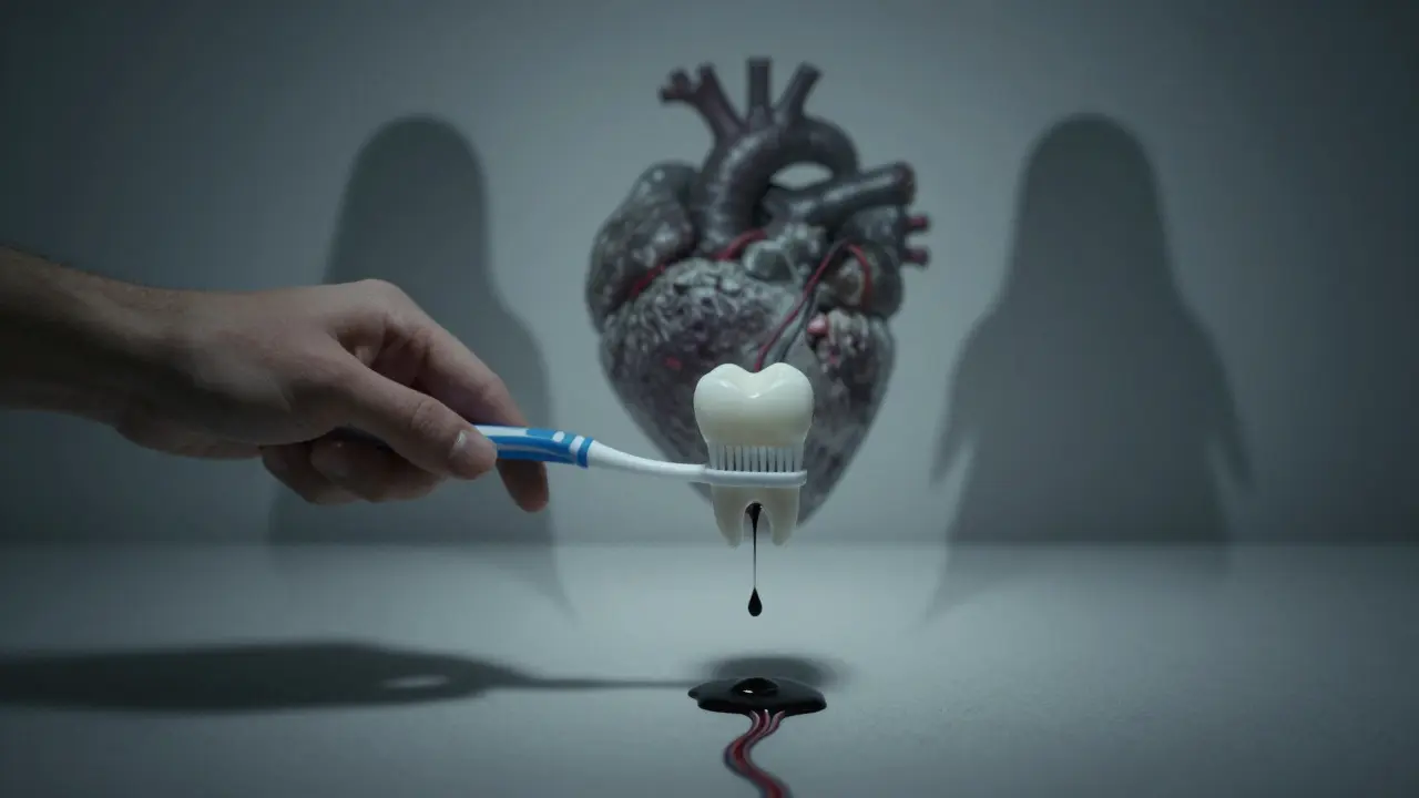 Stínová silueta zubů, dásní a srdce s plakem, vznikající za člověkem, který si čistí zuby.