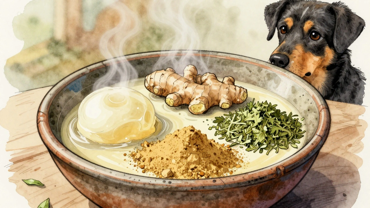 Tři přírodní složky domácí zubní pasty pro psy: kokosový olej, zázvor a petrželka.