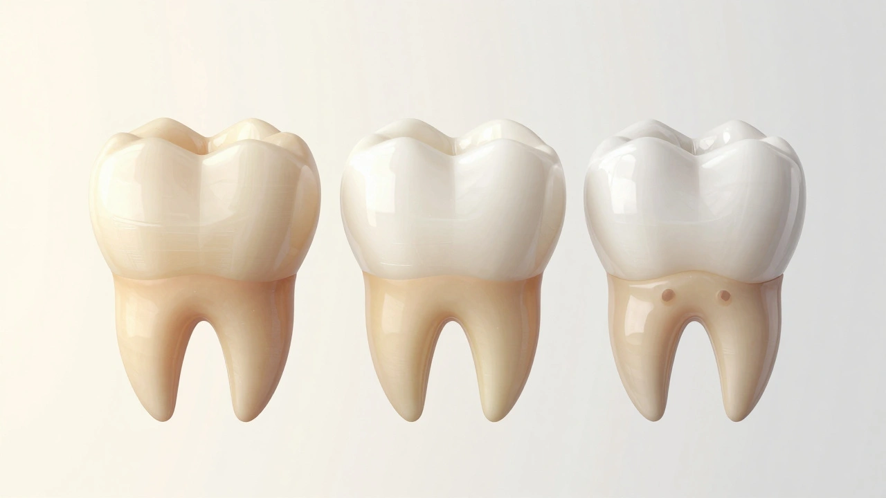 Tři zuby vedle sebe: přirozeně žlutý, bělený a s tmavou plombou, ukazující rozdíl v barvě.