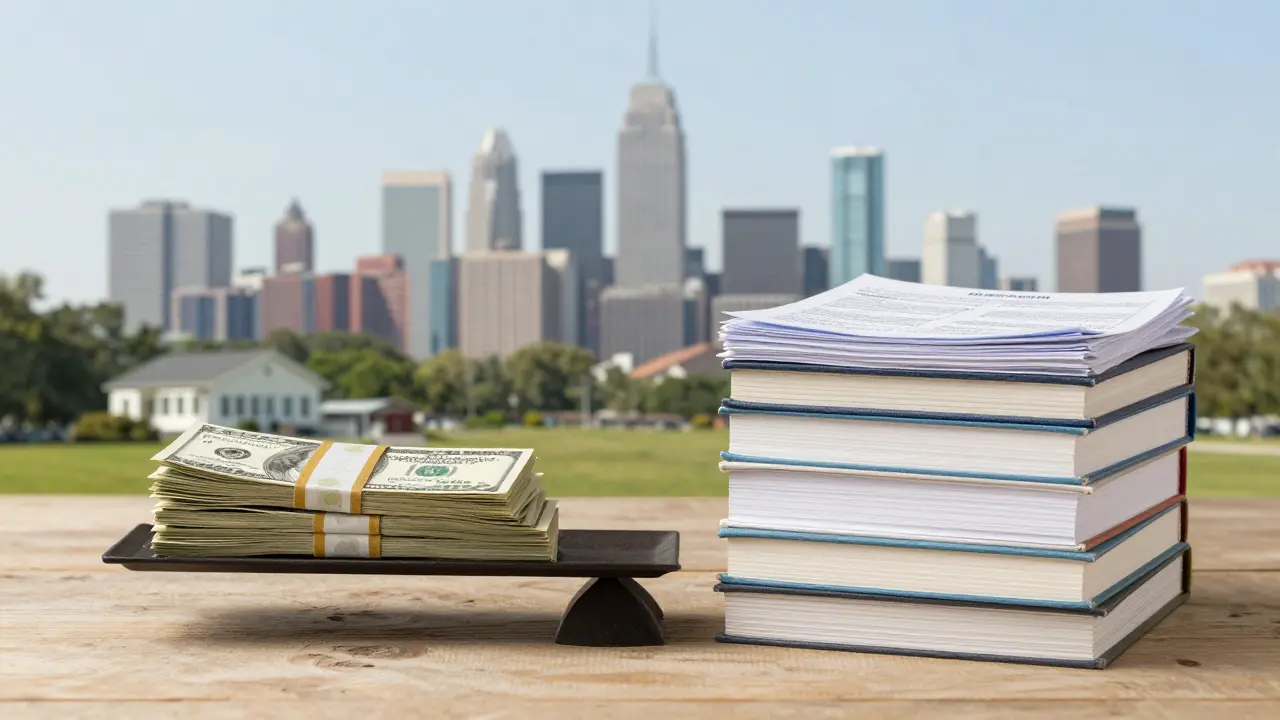 Váha s penězi a studijními dokumenty, symbolizující oběti cesty k lékařství v USA.